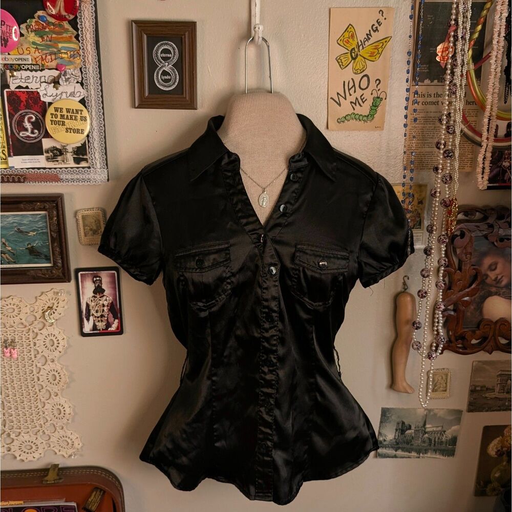 Y2K Satin Puff Sleeve Blouse Women's Medium Black